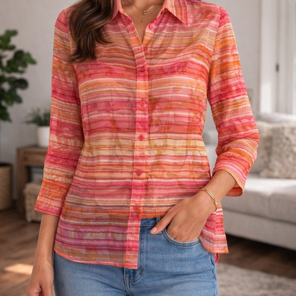 Notations Petite Pink Orange Sheer Stripe Button Down Blouse Sz PS Boho Vacay